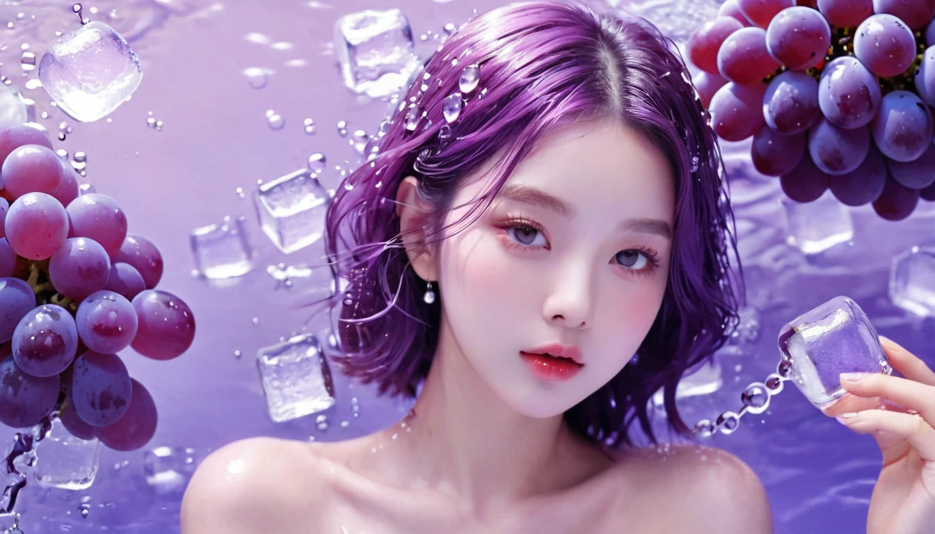Summer Purple Grape Girl,Dopamine teenage, Cool summer days,Ice cubes,The watery girl,Delicate skin,Hydration,Shiny,Shiny,dream,Front view,bust,pearl,Purple grape fruit
