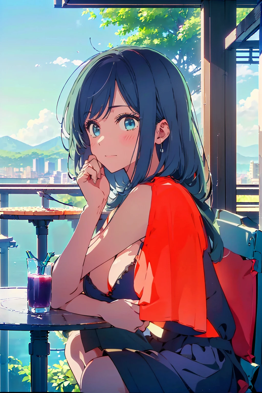 (Highest quality:1.4、masterpiece:1.4、超detailed:1.4、Ultra-high resolution:1.4、Absurd:1.4、Absolute Resolution:1.4、8K:1.4、detailed:1.4)、Slim body、((((1 person、sit、Happy expression、Chair、In the background are the urban buildings of Tokyo、looking at the camera、Outdoor café terrace、Navy hair color、juice、table、Very cute face))))、((((nude、very beautiful areola、valley))))、(Pose with hands tucked behind ears:1.4、Cheek resting on hand:1.4)、(bikini:1.1)、Very blue sky、A completely cloudless sky