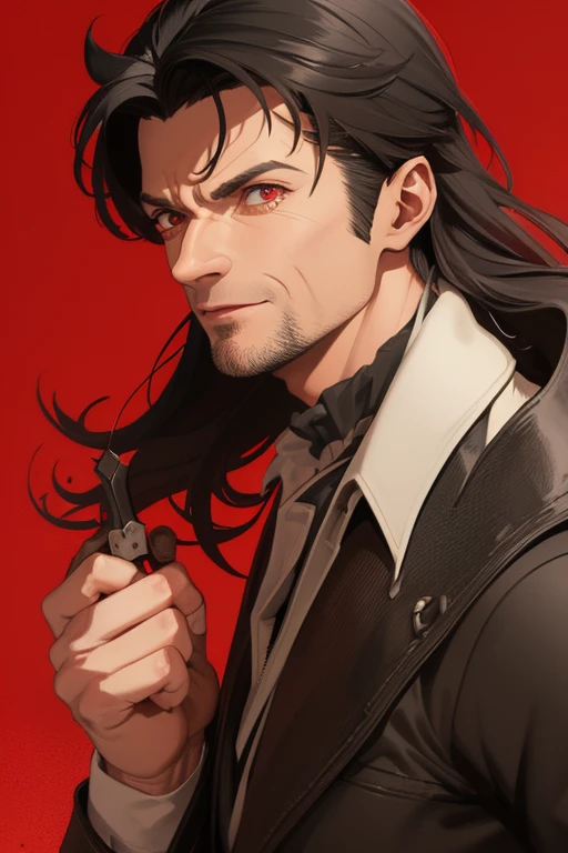 Hugh Jackman Van Helsing 1930s Vampire short black hair vintage pointed ears red eyes Stempunk hunter clothing Van Helsing vintage black decorations Steampunk holding a blood sword looking directly at viewer red background