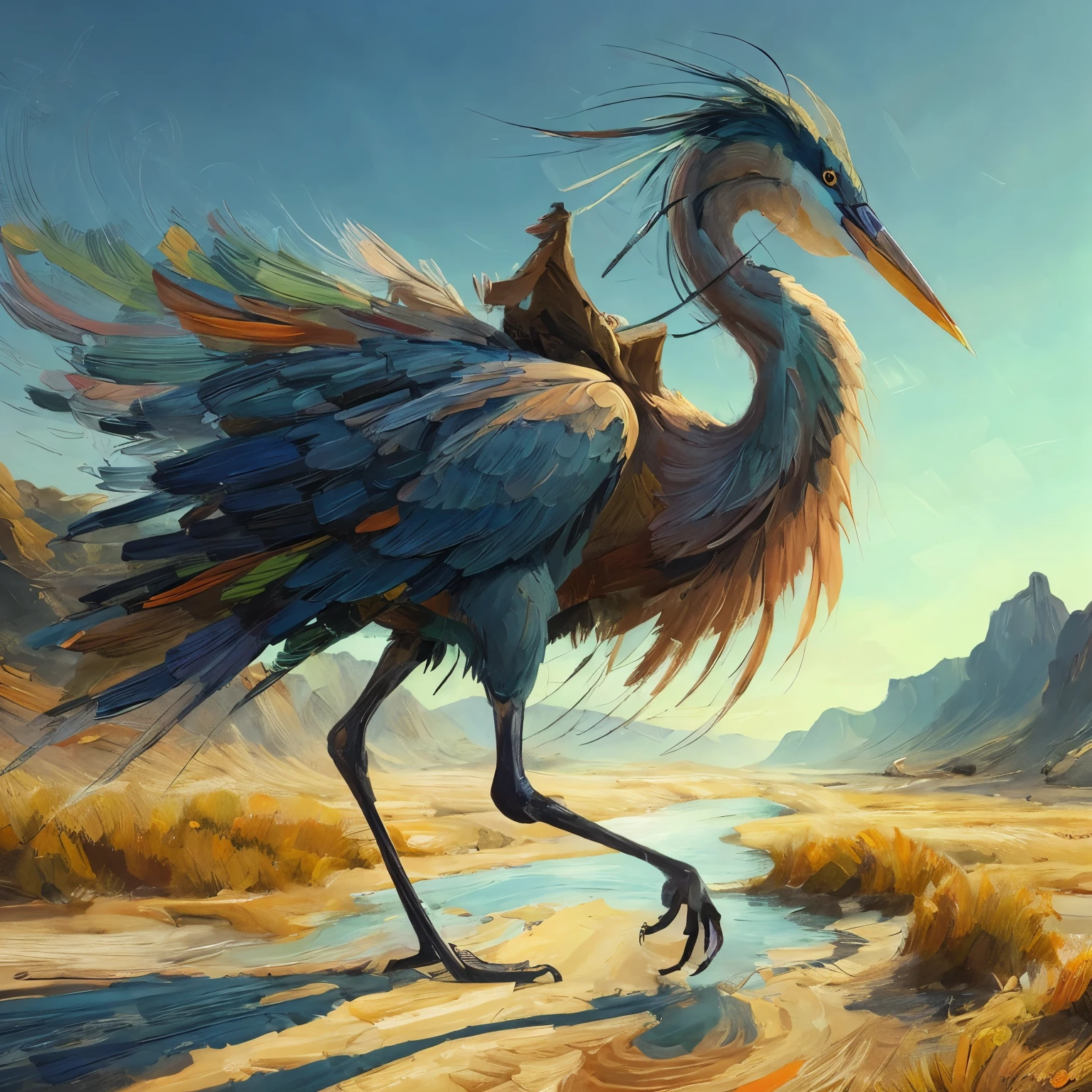 create a main character an large tall two legged bird carrying a man on its back, two leg bird similar to the great blue heron, a swirled feathered bird with many varied colors some intense some light, an alien species, the bird is saddled, the bird has only two legs, bird only has two legs, in a beautiful flat desert landscape of a 3d video game vista, dynamic pose, riding a giant tall blue heron bird, Jean Giraud, extreme long shot, in splash impressionist art style, the main character wears a long yellow tan trench coat with hood and tinted goggles, endless miles of blowing sand dunes, riders in the far distance, blue skies with billowing white clouds pink tinged, blowing boiling swirling wind, blowing leaves of grass, dark yellow and azure, majestic, sweeping seascapes, photorealistic representation, graceful balance, wimmelbilder, Andrew Wyeth, orange, Leaves of Grass, in the art style of Jean Giraud, flynnrider