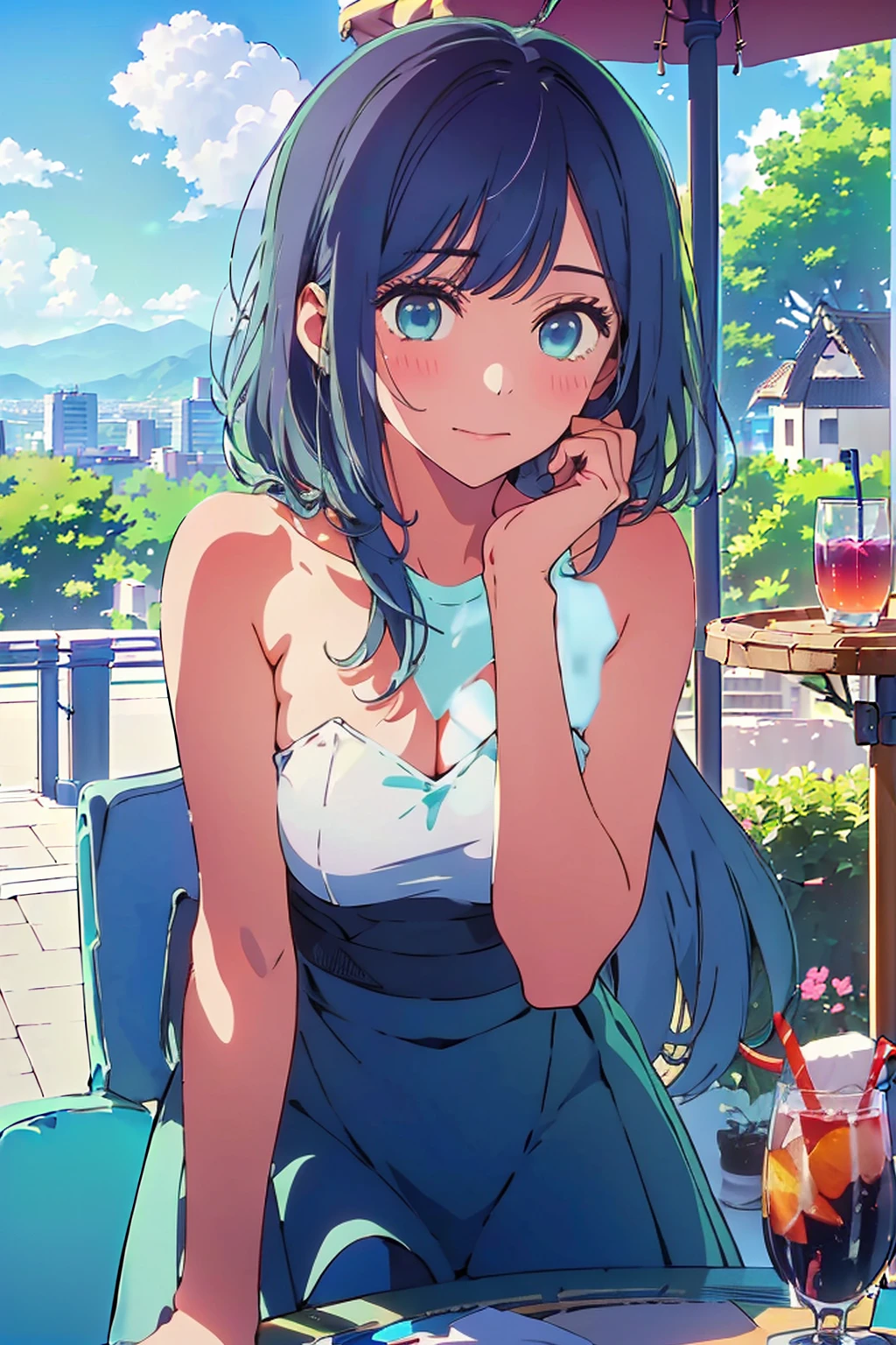 (Highest quality:1.4、masterpiece:1.4、超detailed:1.4、Ultra-high resolution:1.4、Absurd:1.4、Absolute Resolution:1.4、8K:1.4、detailed:1.lim body、Very white beautiful skin、((((1 person、Surprised expression、sit、Chair、In the background are the urban buildings of Tokyo、looking at the camera、Outdoor café terrace、Navy hair color、juice、table、Very cute face))))、((((nudey beautiful areola))uching cheeks with both hands pose:1.4)、bikini、Very blue sky、A completely cloudless sky