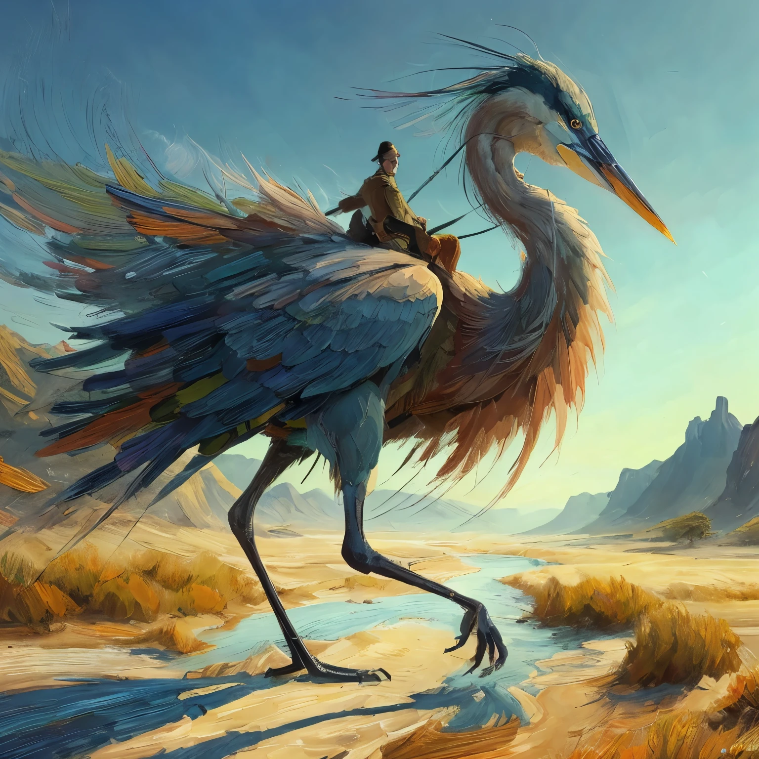 create a main character an large tall two legged bird carrying a man on its back, two leg bird similar to the great blue heron, a swirled feathered bird with many varied colors some intense some light, an alien species, the bird is saddled, the bird has only two legs, bird only has two legs, in a beautiful flat desert landscape of a 3d video game vista, dynamic pose, riding a giant tall blue heron bird, Jean Giraud, extreme long shot, in splash impressionist art style, the main character wears a long yellow tan trench coat with hood and tinted goggles, endless miles of blowing sand dunes, riders in the far distance, blue skies with billowing white clouds pink tinged, blowing boiling swirling wind, blowing leaves of grass, dark yellow and azure, majestic, sweeping seascapes, photorealistic representation, graceful balance, wimmelbilder, Andrew Wyeth, orange, Leaves of Grass, in the art style of Jean Giraud, flynnrider