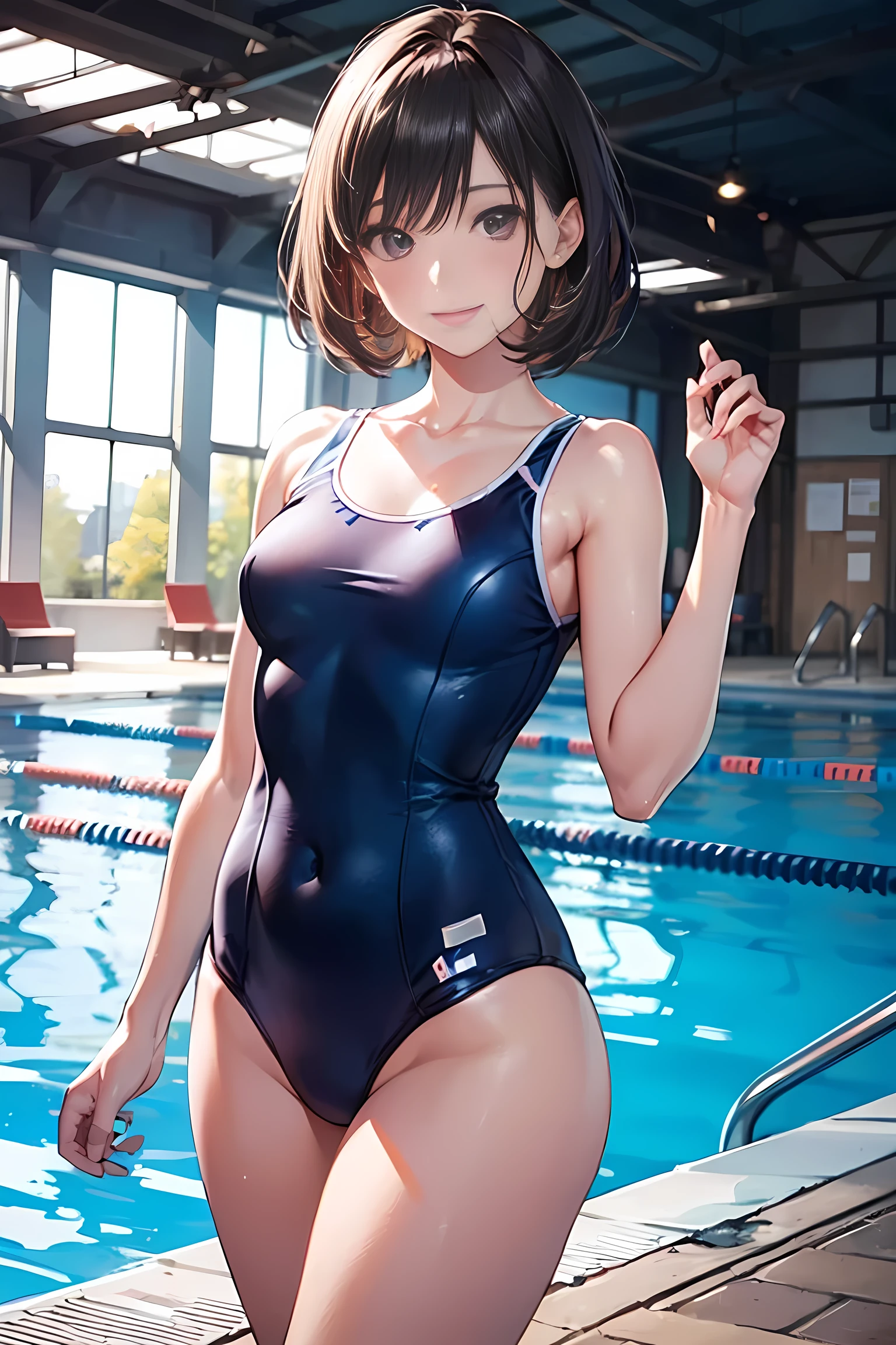 masterpiece, (realistic, photo realistic:1.2), (highest quality), extremely fine and beautiful, beautiful face details, real human skin, realistic, photorealistic, Complete limbs, Bright light, cute girl, Slender beauty, smile, Wearing a shiny school swimsuit, Glowing Skin. Tiny breasts, pool