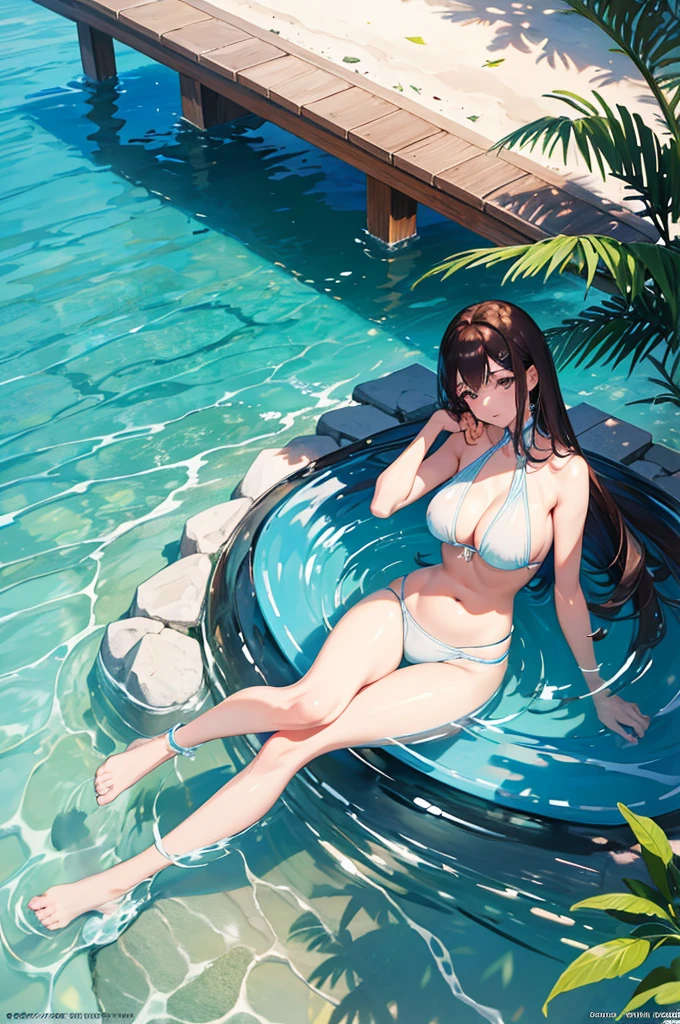 Ultra-detailed 8K photo of a Japanese gravure model, slender, mature Japanese female, (50 years old), Glamour, sexy, 1girl, with shoulder-length brunette hair and deep brown eyes, lounging on the luxurious beaches of the Maldives. She’s wearing an elegant, white halter-neck swimsuit, embodying the serene and tranquil vibe of the Maldives. The crystal-clear waters and overwater bungalows create a picture of paradise