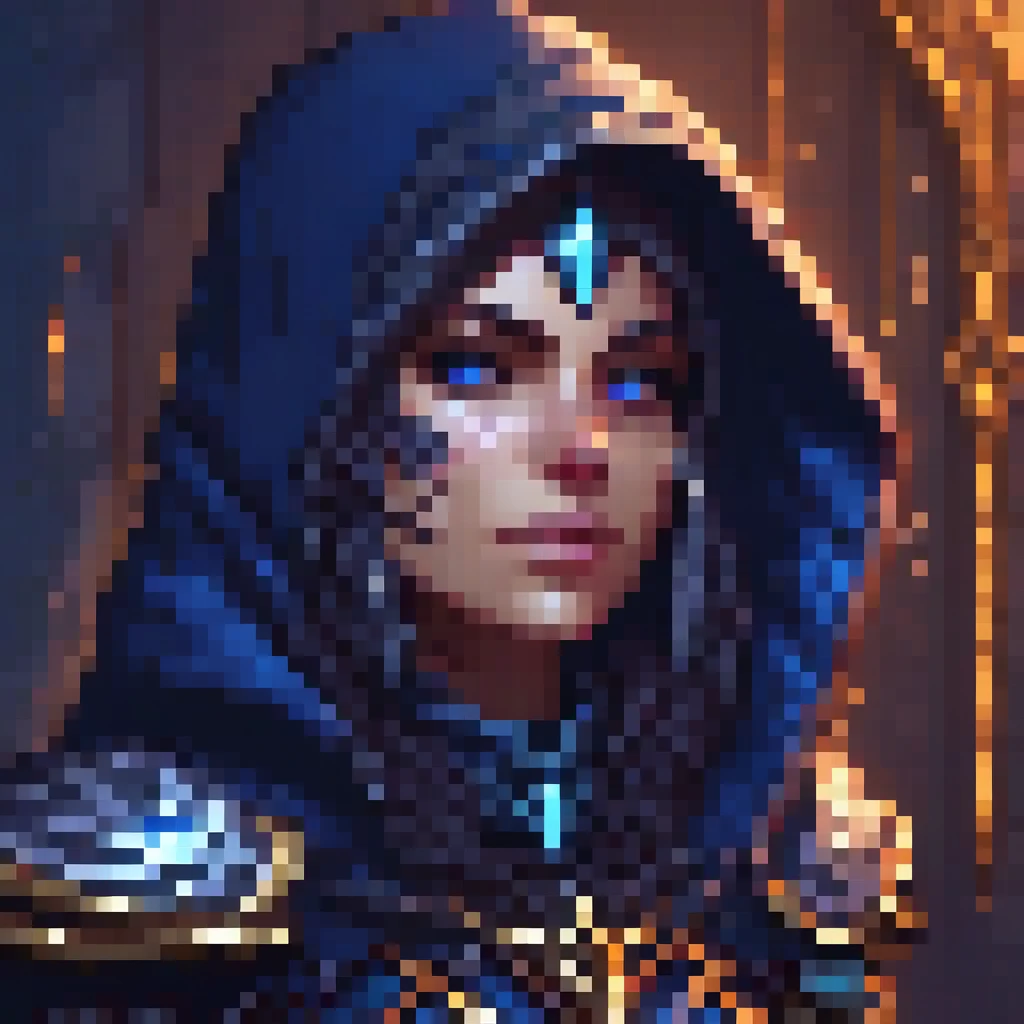 an ugly assassin woman character with a dark hood, blue assassin magical effects, headshot, detailed facial features, intricate pixel art style, highly detailed, masterpiece, 8k, (photorealistic), portrait, fantasy, magical, [ethereal], cinematic lighting, dramatic contrast, vivid colors, digital painting