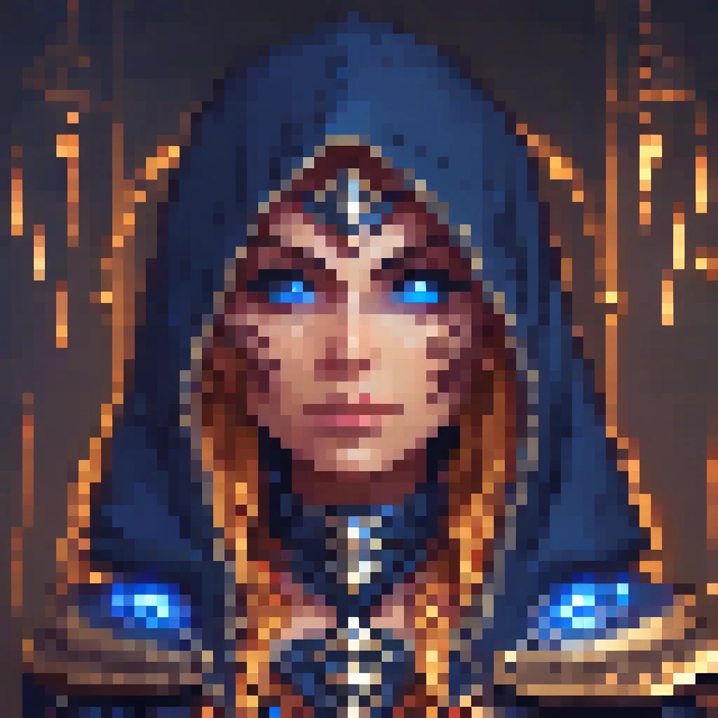 an ugly assassin woman character with a dark hood, blue assassin magical effects, headshot, detailed facial features, intricate pixel art style, highly detailed, masterpiece, 8k, (photorealistic), portrait, fantasy, magical, [ethereal], cinematic lighting, dramatic contrast, vivid colors, digital painting