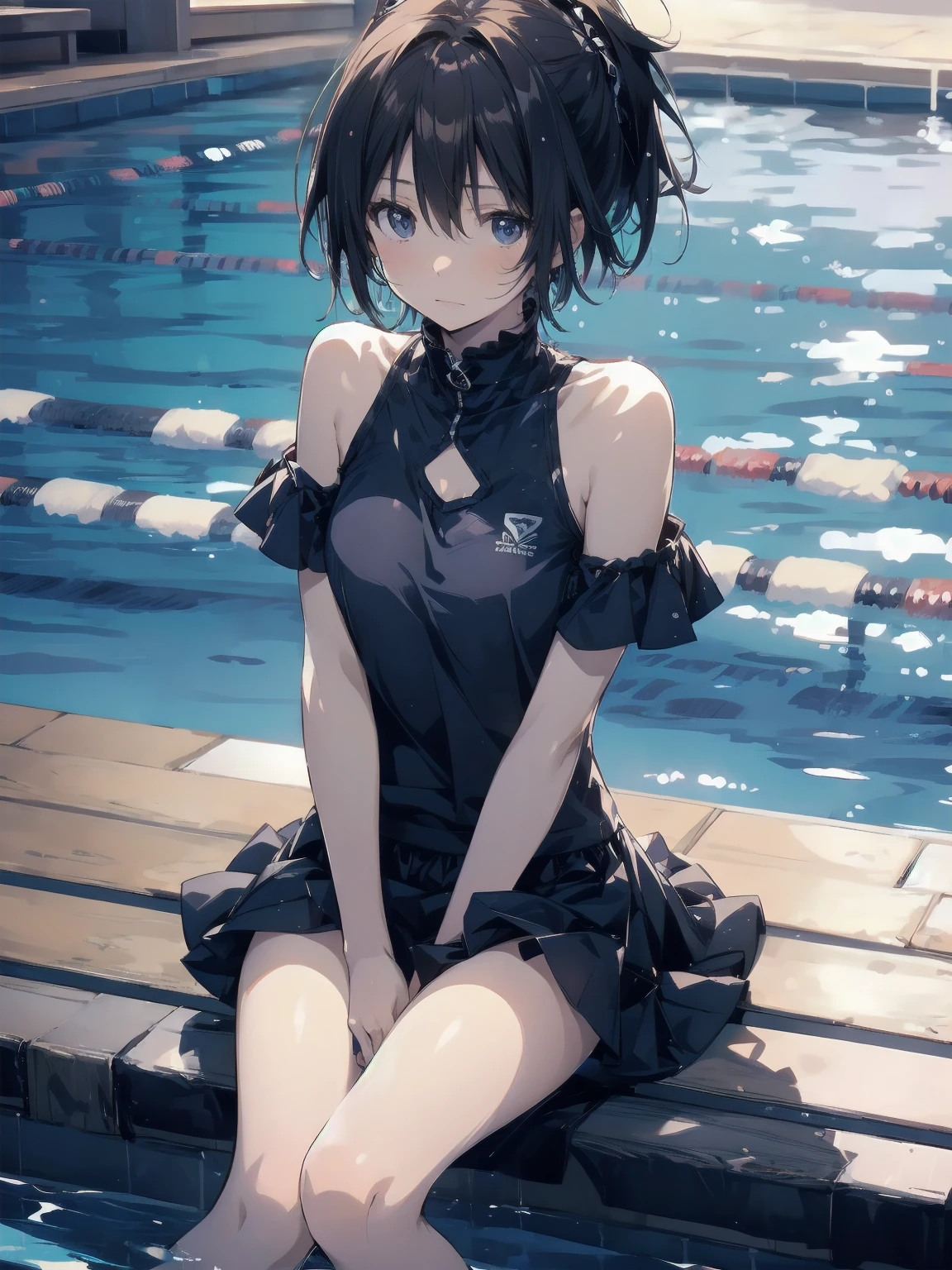 ultra-Top-quality by art God, ultra-detailed, high resolution, shinkai makoto style, anime moe artstyle, best anime 8k konachan wallpaper, pixiv contest winner, perfect anatomy, break,(Please draw a picture of a girl in a swimsuit sitting sleepily on a bench by the poolside alone.),break, a hyperrealistic school girl, (Solo,lolita, kid, 13-year-old:1.3),Full limbs, complete fingers, androgynous charm, (very short hair), wet hair, small breasts,slender body, Small butt, groin, Small black eyes,hanme,beautiful detailed eyes, well-proportioned iris and pupils, sleepy eyes, highres detailed hair, swimsuit, wet swimsuit, bare shoulders, thighs, in the school pool. break,super detailed skin, shiny skin, Best lighting powered by famous artist, 8k, illustration,UHD, textured skin,break,((artist:mattaku_mousuke )), artist:clamp ,artist:carnelian ,artist:kantoku ,