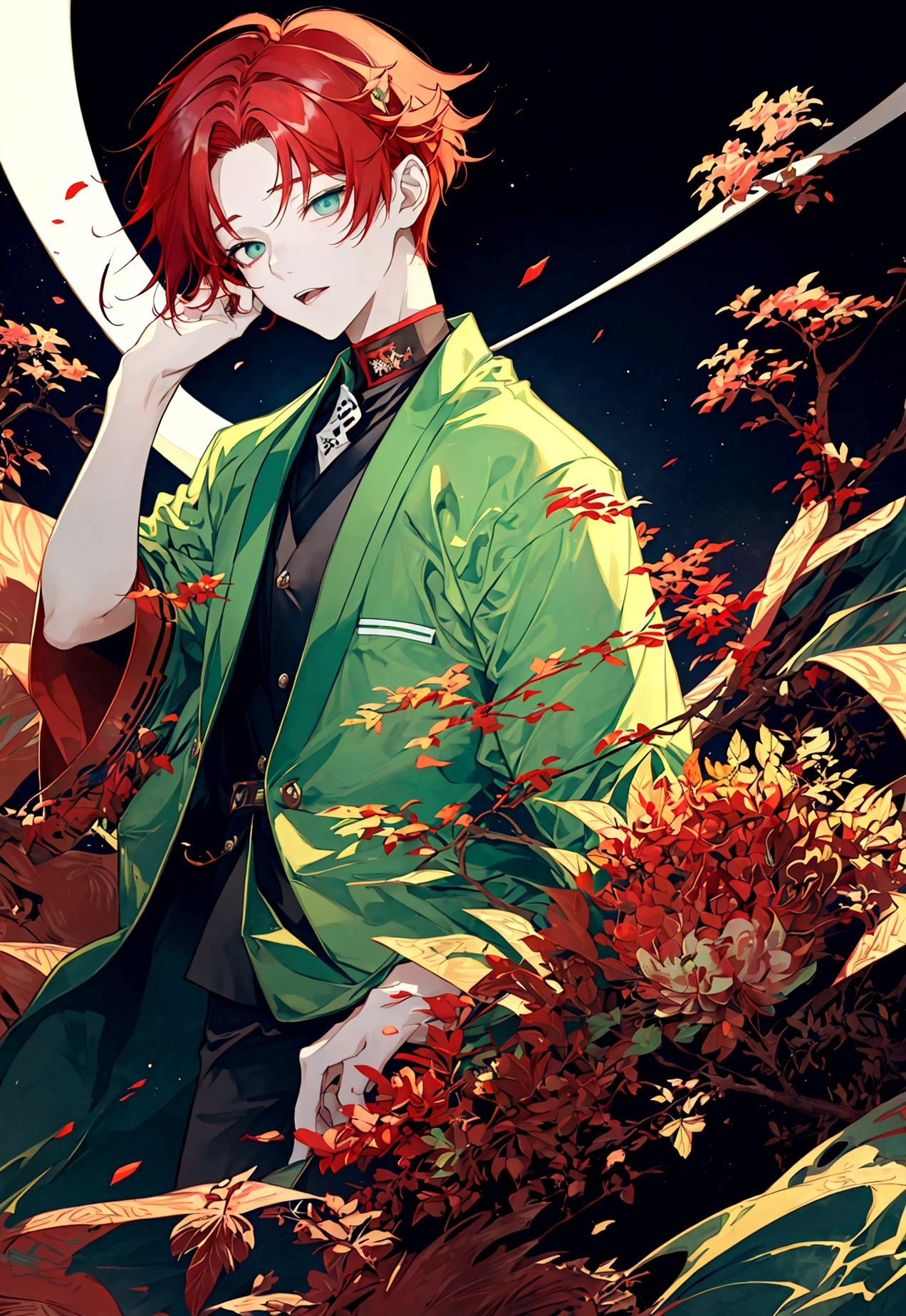 a teenage boy with red hair the size of Stray Kids' Hwang Hyunjin's hair, with light green eyes and wearing a Japanese and at school,anime styling