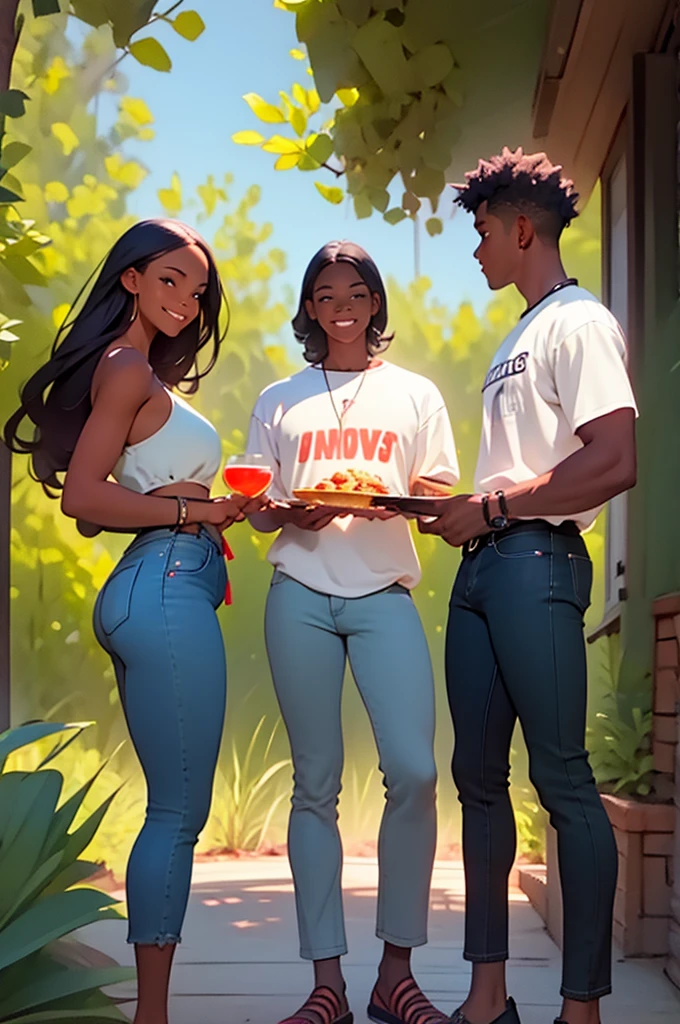 two young women in jeans with two young men, at bbq, outdoor grill