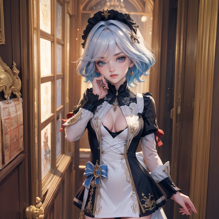 1girl, white roses, ornament hair, white roses on her hair, perfectly body, perfectly hands, white hair, blue hair, wave hair, long hair, ornament hair, long hair, Looking at the viewer, flowing hair, Beautiful Eyes, Plump and glossy lips, maid, maid dress, maid headdress, maid apron, white dress with too many frills, black dress, blue laces, white Short skirt, Drape clothes, blue gem, Lace trim, kitchen, luxury gold details, gold jewelry, more details, best quality, Big sparkling eyes, blushing, white Striped Lace Stockings, blue Lolita skirt, sparkle, solo, centered girl, cowboy shot, upper body portrait, perfectly body, perfectly hands, two arms, two legs, two hands, five fingers, perfect anatomy, glowing hair, white roses, maid, maid dress, dress, solo, flowing hair, floating hair, ornament hair, perfectly body, perfectly hands, on the kitchen, sparkles, more details on her clothes, white dress with transparency, golden details on her dress, night, tray with juice, ((4k, masterpiece, top-quality)), 8k, best quality, high resolution, UHD, (illustration:0.8), super cute girl, delicate and beautiful face, mature girl, super cute hairstyle, (beautiful detailed eyes:1.6), extremely detailed face, perfect lighting, extremely detailed CG, (perfect hands, perfect anatomy), Best quality, cleavage, small skirt, full Body, two arms, two legs, two hands, five fingers