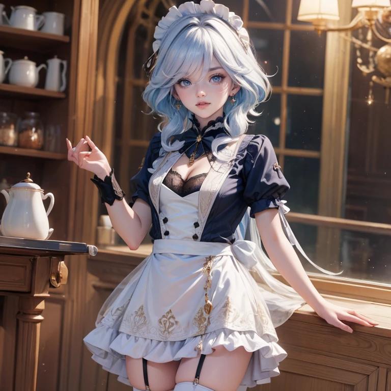 1girl, white roses, ornament hair, white roses on her hair, perfectly body, perfectly hands, white hair, blue hair, wave hair, long hair, ornament hair, long hair, Looking at the viewer, flowing hair, Beautiful Eyes, Plump and glossy lips, maid, maid dress, maid headdress, maid apron, white dress with too many frills, black dress, blue laces, white Short skirt, Drape clothes, blue gem, Lace trim, kitchen, luxury gold details, gold jewelry, more details, best quality, Big sparkling eyes, blushing, white Striped Lace Stockings, blue Lolita skirt, sparkle, solo, centered girl, cowboy shot, upper body portrait, perfectly body, perfectly hands, two arms, two legs, two hands, five fingers, perfect anatomy, glowing hair, white roses, maid, maid dress, dress, solo, flowing hair, floating hair, ornament hair, perfectly body, perfectly hands, on the kitchen, sparkles, more details on her clothes, white dress with transparency, golden details on her dress, night, tray with juice, ((4k, masterpiece, top-quality)), 8k, best quality, high resolution, UHD, (illustration:0.8), super cute girl, delicate and beautiful face, mature girl, super cute hairstyle, (beautiful detailed eyes:1.6), extremely detailed face, perfect lighting, extremely detailed CG, (perfect hands, perfect anatomy), Best quality, cleavage, small skirt, full Body, two arms, two legs, two hands, five fingers