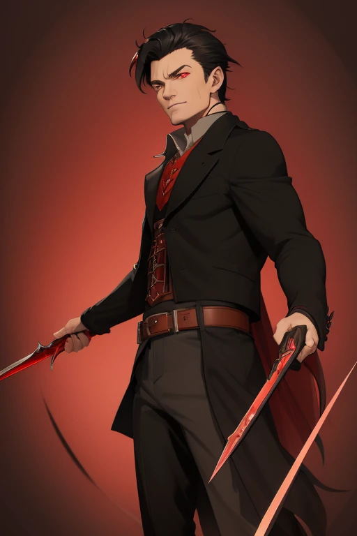 Hugh Jackman Van Helsing 1930s Vampire short black hair vintage pointed ears red eyes Stempunk hunter clothing Van Helsing vintage black decorations Steampunk holding a blood sword looking directly at viewer red background