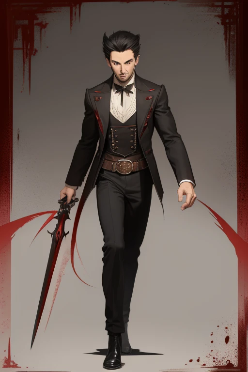 Hugh Jackman Van Helsing 1930s Vampire short black hair vintage pointed ears red eyes Stempunk hunter clothing Van Helsing vintage black decorations Steampunk holding a blood sword looking directly at viewer red background