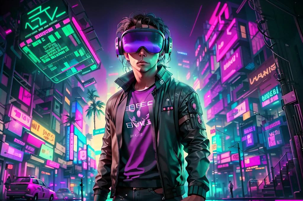 neocruz cabello largo , messy hair, a man in a black jacket and glasses stands in front of a futuristic city, vr game, cyberpunk vibe, cyberpunk vibes, deeper into the metaverse we go, has cyberpunk style, cyberpunk theme, in cyber punk 2077, cyberpunk futuristic, cyberpunk future, synthwave, wearing cyberpunk streetwear, futuristic cyberpunk, cyberpunk tech, retro cyberpunk, synthwave style