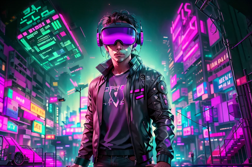 neocruz cabello largo , messy hair, a man in a black jacket and glasses stands in front of a futuristic city, vr game, cyberpunk vibe, cyberpunk vibes, deeper into the metaverse we go, has cyberpunk style, cyberpunk theme, in cyber punk 2077, cyberpunk futuristic, cyberpunk future, synthwave, wearing cyberpunk streetwear, futuristic cyberpunk, cyberpunk tech, retro cyberpunk, synthwave style