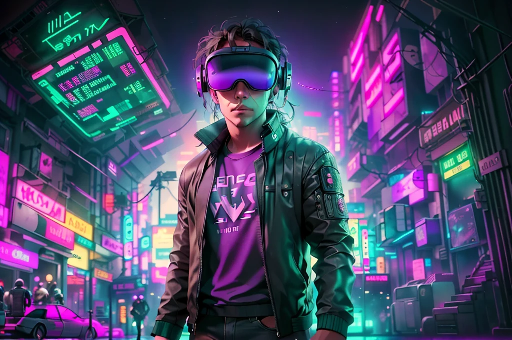 neocruz cabello largo , messy hair, a man in a black jacket and glasses stands in front of a futuristic city, vr game, cyberpunk vibe, cyberpunk vibes, deeper into the metaverse we go, has cyberpunk style, cyberpunk theme, in cyber punk 2077, cyberpunk futuristic, cyberpunk future, synthwave, wearing cyberpunk streetwear, futuristic cyberpunk, cyberpunk tech, retro cyberpunk, synthwave style