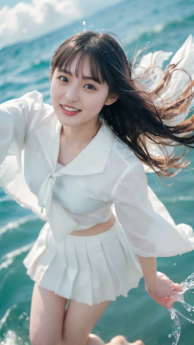 (nsfw:1.5),(((sunny day、Japanese 、beach、Strong winds are blowing、My hair and skirt are flying、Traditional navy blue sailor uniform、White blouse、Pleated skirt、Playing with seawater:1.25、Splash、Throwing water at the camera、smile、laughter、Sandy Beach、Light of the sun、clear blue sea、The waves gently crash、Blue sky with white clouds floating、Green Mountain々、Beautiful Nature、The joys of youth)))、(((Composition looking down from above:1.33)))、(((8k、highest quality、masterpiece、超A high resolution)))、(Realistic:1.4)、RAW Photos、(Real skin texture:1.3)、(Film Grain:1.3)、((No underwear、Bend one leg))、One Girl、Beautiful and detailed eyes and face、barefoot、