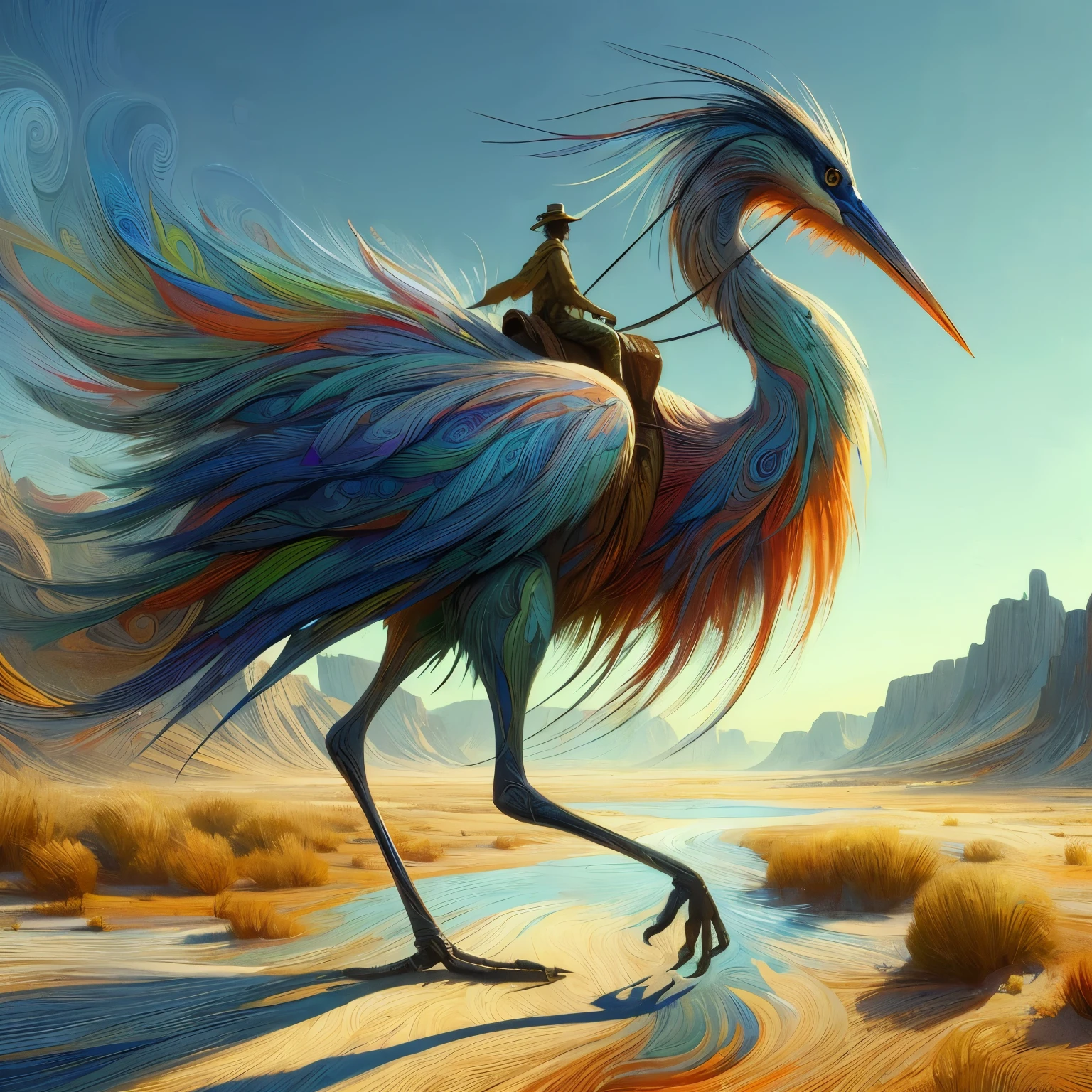 create a main character an large tall two legged bird carrying a man on its back, two leg bird similar to the great blue heron, a swirled feathered bird with many varied colors some intense some light, an alien species, the bird is saddled, the bird has only two legs, bird only has two legs, in a beautiful flat desert landscape of a 3d video game vista, dynamic pose, riding a giant tall blue heron bird, Jean Giraud, extreme long shot, in splash impressionist art style, the main character wears a long yellow tan trench coat with hood and tinted goggles, endless miles of blowing sand dunes, riders in the far distance, blue skies with billowing white clouds pink tinged, blowing boiling swirling wind, blowing leaves of grass, dark yellow and azure, majestic, sweeping seascapes, photorealistic representation, graceful balance, wimmelbilder, Andrew Wyeth, orange, Leaves of Grass, in the art style of Jean Giraud, flynnrider