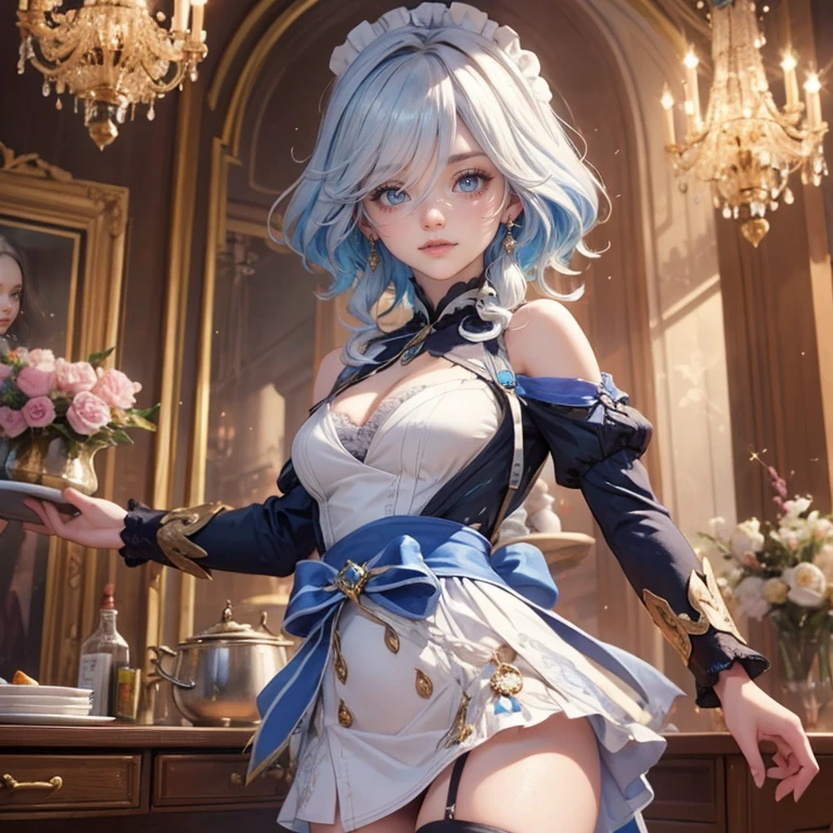 1girl, white roses, ornament hair, white roses on her hair, perfectly body, perfectly hands, white hair, blue hair, wave hair, long hair, ornament hair, long hair, Looking at the viewer, flowing hair, Beautiful Eyes, Plump and glossy lips, maid, maid dress, maid headdress, maid apron, white dress with too many frills, black dress, blue laces, white Short skirt, Drape clothes, blue gem, Lace trim, kitchen, luxury gold details, gold jewelry, more details, best quality, Big sparkling eyes, blushing, white Striped Lace Stockings, blue Lolita skirt, sparkle, solo, centered girl, cowboy shot, upper body portrait, perfectly body, perfectly hands, two arms, two legs, two hands, five fingers, perfect anatomy, glowing hair, white roses, maid, maid dress, dress, solo, flowing hair, floating hair, ornament hair, perfectly body, perfectly hands, on the kitchen, sparkles, more details on her clothes, white dress with transparency, golden details on her dress, night, tray with juice, ((4k, masterpiece, top-quality)), 8k, best quality, high resolution, UHD, (illustration:0.8), super cute girl, delicate and beautiful face, mature girl, super cute hairstyle, (beautiful detailed eyes:1.6), extremely detailed face, perfect lighting, extremely detailed CG, (perfect hands, perfect anatomy), Best quality, cleavage, small skirt, full Body, two arms, two legs, two hands, five fingers