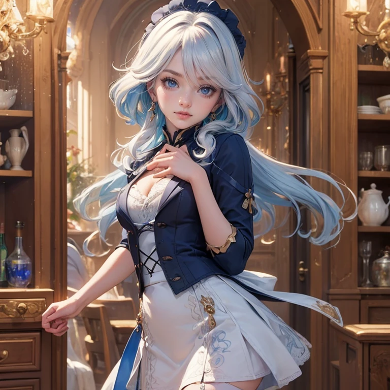 1girl, white roses, ornament hair, white roses on her hair, perfectly body, perfectly hands, white hair, blue hair, wave hair, long hair, ornament hair, long hair, Looking at the viewer, flowing hair, Beautiful Eyes, Plump and glossy lips, maid, maid dress, maid headdress, maid apron, white dress with too many frills, black dress, blue laces, white Short skirt, Drape clothes, blue gem, Lace trim, kitchen, luxury gold details, gold jewelry, more details, best quality, Big sparkling eyes, blushing, white Striped Lace Stockings, blue Lolita skirt, sparkle, solo, centered girl, cowboy shot, upper body portrait, perfectly body, perfectly hands, two arms, two legs, two hands, five fingers, perfect anatomy, glowing hair, white roses, maid, maid dress, dress, solo, flowing hair, floating hair, ornament hair, perfectly body, perfectly hands, on the kitchen, sparkles, more details on her clothes, white dress with transparency, golden details on her dress, night, tray with juice, ((4k, masterpiece, top-quality)), 8k, best quality, high resolution, UHD, (illustration:0.8), super cute girl, delicate and beautiful face, mature girl, super cute hairstyle, (beautiful detailed eyes:1.6), extremely detailed face, perfect lighting, extremely detailed CG, (perfect hands, perfect anatomy), Best quality, cleavage, small skirt, full Body, two arms, two legs, two hands, five fingers