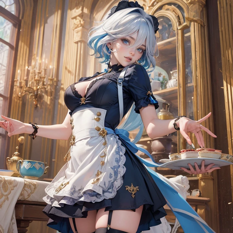 1girl, white roses, ornament hair, white roses on her hair, perfectly body, perfectly hands, white hair, blue hair, wave hair, long hair, ornament hair, long hair, Looking at the viewer, flowing hair, Beautiful Eyes, Plump and glossy lips, maid, maid dress, maid headdress, maid apron, white dress with too many frills, black dress, blue laces, white Short skirt, Drape clothes, blue gem, Lace trim, kitchen, luxury gold details, gold jewelry, more details, best quality, Big sparkling eyes, blushing, white Striped Lace Stockings, blue Lolita skirt, sparkle, solo, centered girl, cowboy shot, upper body portrait, perfectly body, perfectly hands, two arms, two legs, two hands, five fingers, perfect anatomy, glowing hair, white roses, maid, maid dress, dress, solo, flowing hair, floating hair, ornament hair, perfectly body, perfectly hands, on the kitchen, sparkles, more details on her clothes, white dress with transparency, golden details on her dress, night, tray with juice, ((4k, masterpiece, top-quality)), 8k, best quality, high resolution, UHD, (illustration:0.8), super cute girl, delicate and beautiful face, mature girl, super cute hairstyle, (beautiful detailed eyes:1.6), extremely detailed face, perfect lighting, extremely detailed CG, (perfect hands, perfect anatomy), Best quality, cleavage, small skirt, full Body, two arms, two legs, two hands, five fingers