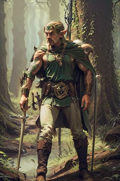 A titanic wild elf as an elven god of epic proportions, the elf ranger full body, complete body, standing, walking in the forest wearing leather armor, his aged green boots show that his adventures are many, he holds his elven longbow, her hair is black and her eyes are green, your body is muscular and well balanced, He walks on a trail in the forest where the trees are green and the ground is covered with grass.