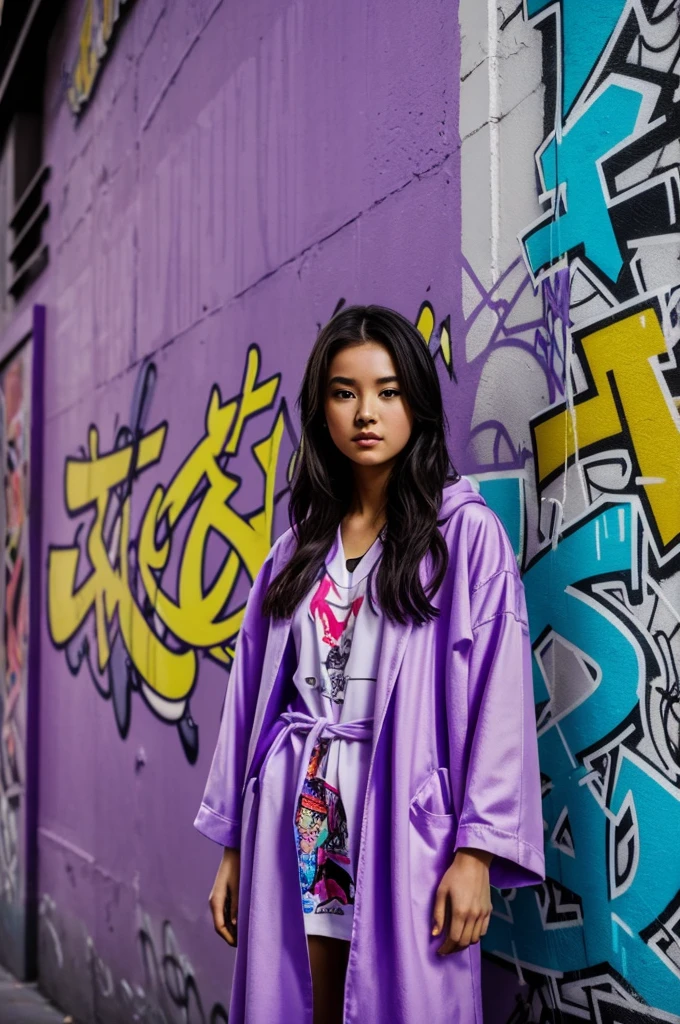 ((The best quality)), ((The detail)), ((Verism)),cinematic lighting,In the context of street art,Cool girl standing in front of a wall of graffiti and graffiti art。She wears fashionable clothes and robes,Spray paint can in hand,Draw neon color graffiti paintings。Incorporate your own style in this scene full of art and creativity。(portraits:1.4,natural lighting:1.2), (purple background).