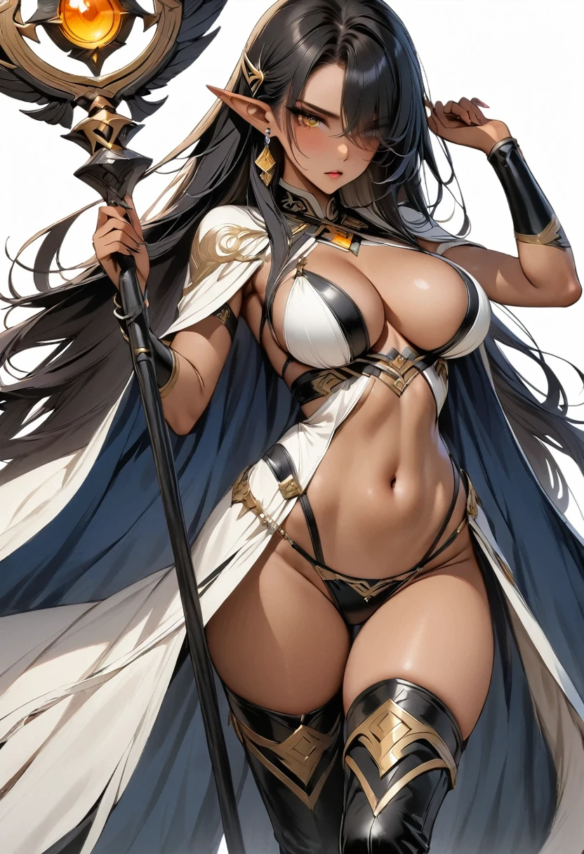 (masterpiece:1.2), (highest quality:1.2), 1girl, solo, pointy-ears, dark-skin, breasts, dark-skinned-female, staff, transparent-background, dark-elf, large-breasts, black-hair, cape, elf, earrings, full-body, jewelry, tattoo, thighhighs, hair-over-one-eye, very-long-hair, navel, yellow-eyes, high-heels, boots, underwear, cleavage, looking-at-viewer, holding, panties, revealing-clothes, standing
