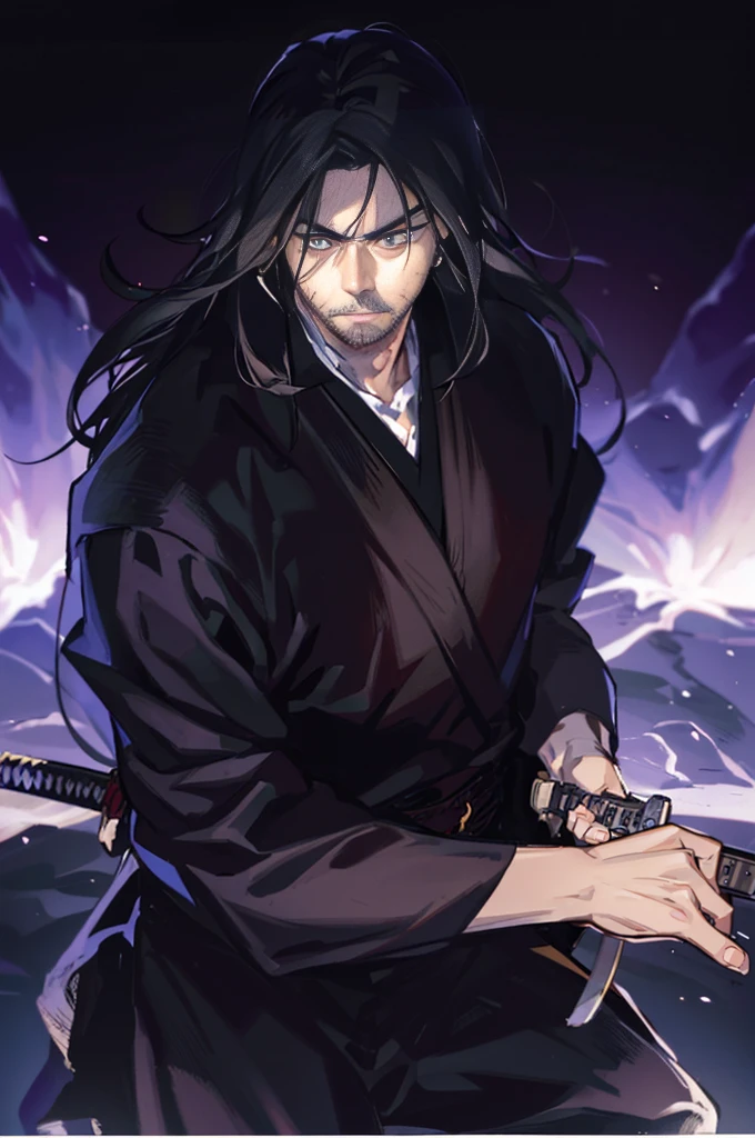 boku no hero aca close up of a person holding a katana in a dark room, evil male sorcerer, portrait of samurai, handsome guy in demon slayer art, dark cloaked necromancer, musashi miyamoto, standing, fighting stance, looking at the viewer, front camera, eye level, handsome, beard, long hair, angry expression, drawing sword pose, a man holding his sword at his side, closed fist holding takana, 1man, boku no hero academia
ademia