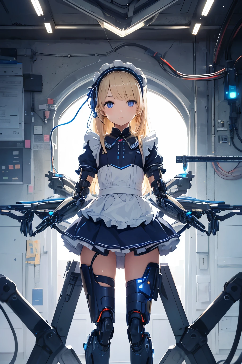 girl ,girl , mechanical face , futuristic maid dress ,flat chest ,long blonde hair frinje ,(loli body),hanic-headband, blue leds ,blue light auréola, quality, 8k ,maid uniform , Cyborg arms. Mechanical Limbs Metal, Mechanical legs .Power cablles conected in machine. Circuitos.