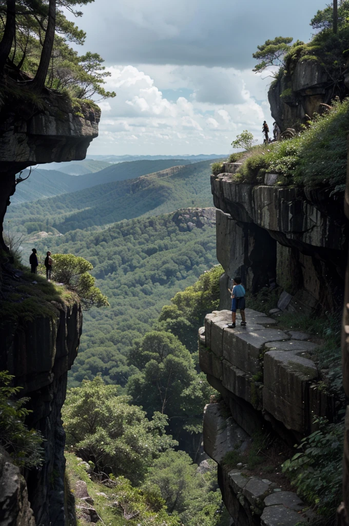 Nobita was standing on the edge of a steep and scary cliff. The ravine has high rocky cliffs, with sparse trees and vegetation growing in some parts. The sky looked overcast and cloudy, gives a slightly gloomy atmosphere. Nobita is seen wearing his typical clothes, namely a blue t-shirt and red shorts, while looking a bit anxious but curious. He stood close to the edge of the abyss, looking down with a mixture of fear and curiosity. In the distance, there are views of majestic mountains and dense forests