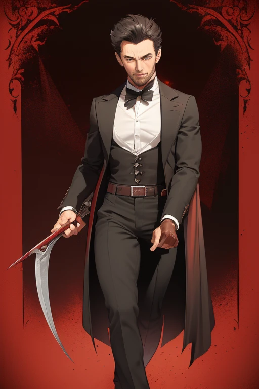 Hugh Jackman Van Helsing 1930s Vampire short black hair vintage pointed ears red eyes Stempunk hunter clothing Van Helsing vintage black decorations Steampunk holding a blood sword looking directly at viewer red background