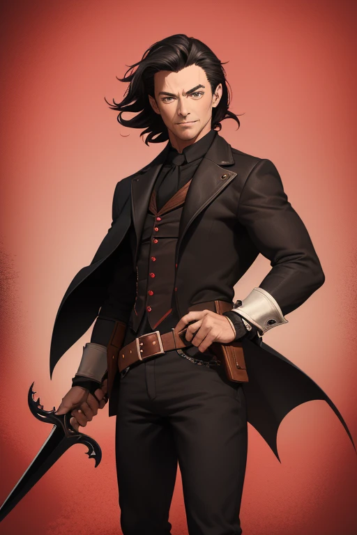 Hugh Jackman Van Helsing 1930s Vampire short black hair vintage pointed ears red eyes Stempunk hunter clothing Van Helsing vintage black decorations Steampunk holding a blood sword looking directly at viewer red background