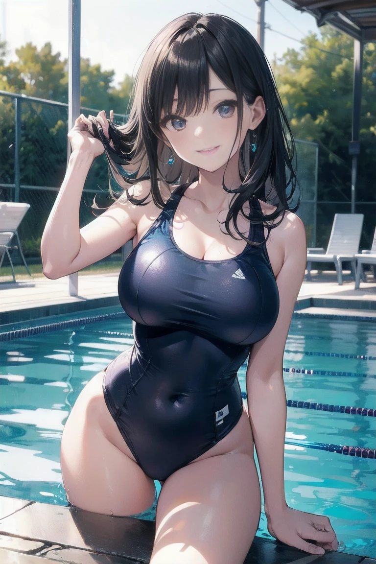 high quality、最high quality、Complete limbs、Ultra-high resolution、Bright light、Slender beauty、smile、Wearing a shiny school swimsuit、Glowing Skin、Large Breasts、Pool