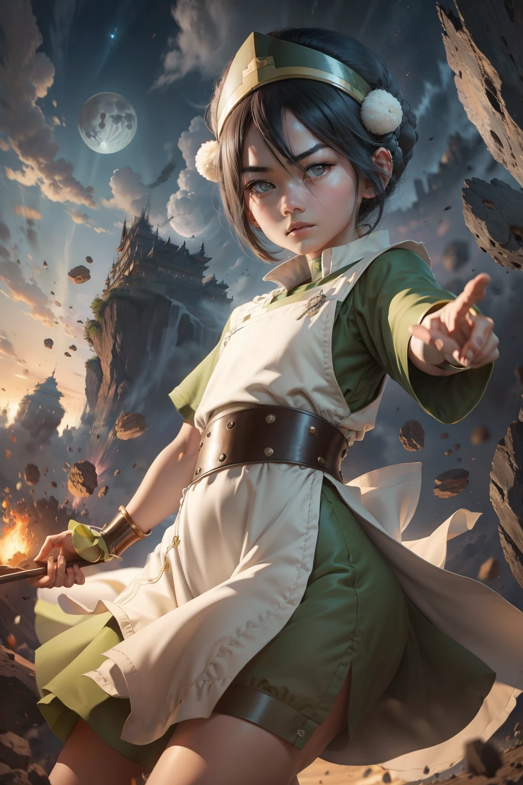 Ultra detailed , Toph beifong ,   girl ,japonese  girl ,1girl , flat  chest , masterpiece  , Black hair , atack pose background moon . Rock plain. 