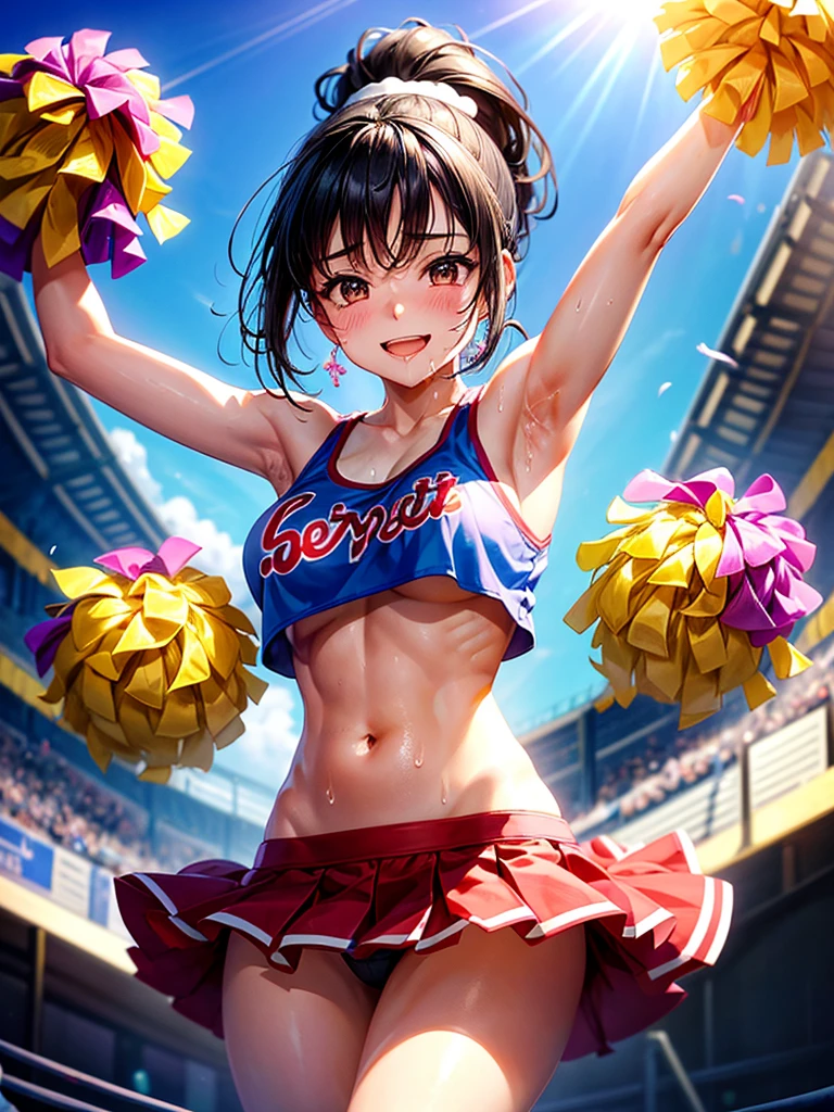 Highest quality,Highest Resolution,Beautiful smiling girl cheerleader holding pom-poms,Sweat flying,Big eyes,Belly button,Underwear that becomes transparent due to sweat,Black hair ponytail,Abdominal muscles,Diagonally below,Arena,support,Outdoor,Sunshine,Open your mouth and drool,Dripping a lot of saliva,