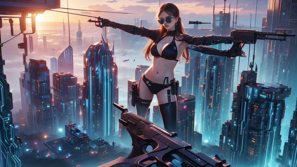 (((a medium-breast bikini slim GIRL with black (micro) sunglasses))), (((((aiming at viewer with a pistol))))), a balcony of a futuristic building, aerial view of an ultra-futuristic megalopolis, many metal buildings and houses in dark colors from dark blue to black, a cidade tem tons de cinza metal, has smoky metal structures , industrial environment with smoke and fog around, carros escuros nas ruas, desert megalopolis, trilhos e trens modernos de de metal passando estre as ruas da cidade, tall futuristic metal buildings, many ultra modern buildings around, realistic, detailed, sci-fi.
