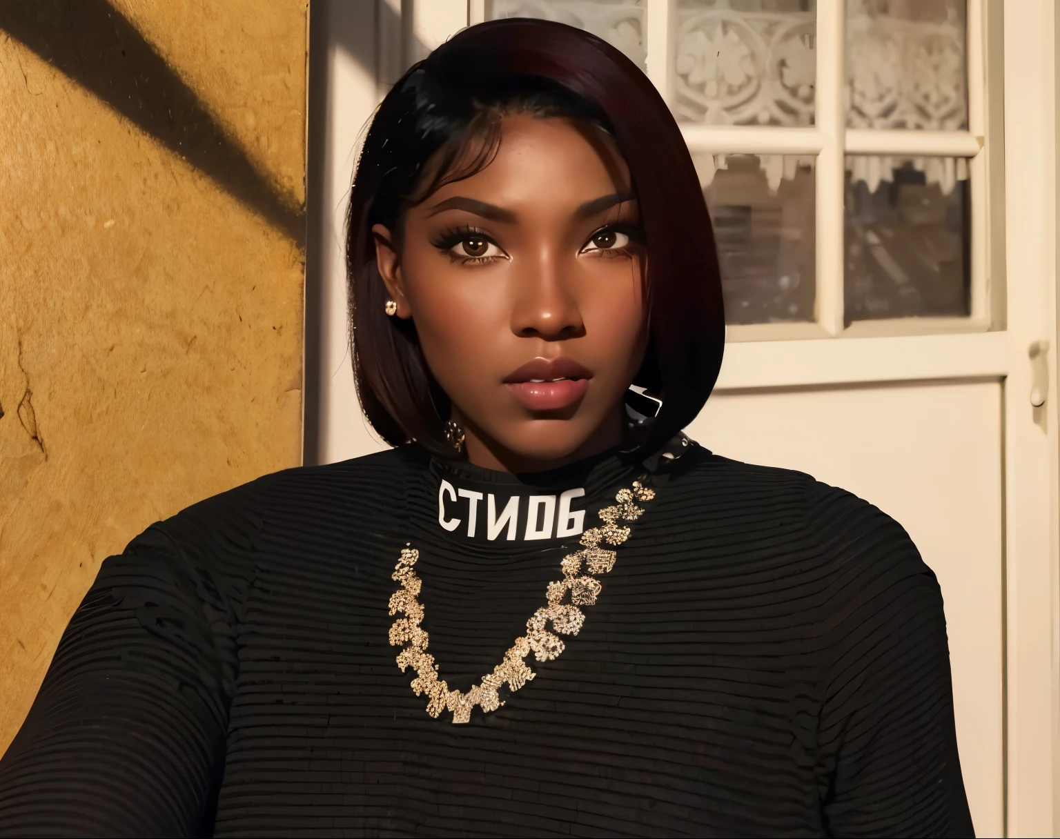 a beautiful black woman (masterpiece, 4k, ultra detailed, raw photo: 1.2), illustration, (portrait:1.2), (single background, black background1.4), (Art Deco:1.4), (minimalism:1.4), (clean:1.4), (fractal:1.4), (Microphone art deco), (Podcast) CCDDA Artstyle, a highly detailed and realistic photograph of a cartoon character, photorealistic, 8k resolution, extremely detailed facial features, beautiful eyes, realistic skin texture, detailed clothing, intricate background, dramatic lighting, cinematic composition