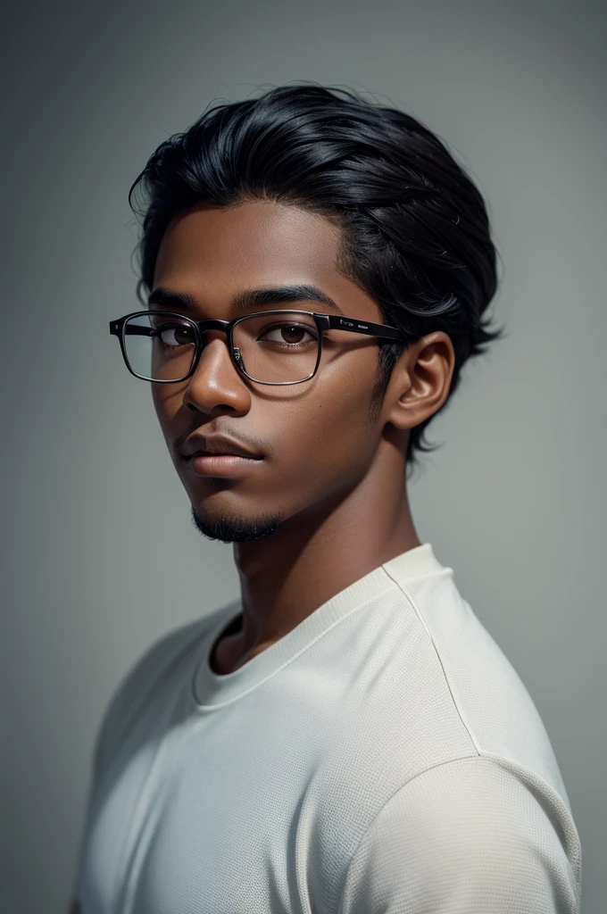young man with dark skin, eyes black, wide nose, slickedback hair, hairstyle to the side and square glasses