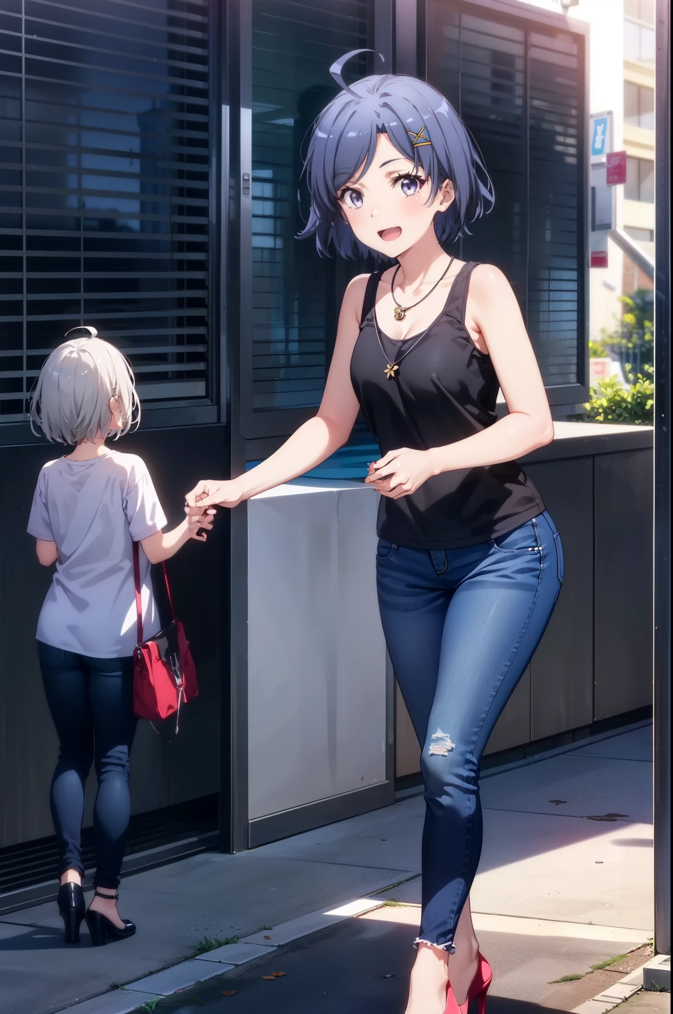 komachihikigaya, komachi hikigaya, short hair, Black Hair, hair ornaments, Ahoge, Hair Clip, x hair ornaments, (Purple eyes:1.1), tooth, happy smile, smile, Open your mouth, black tank top shirt,Locket Necklace,Skinny jeans,Stiletto heels,morning,morning陽,The sun is rising,Walking,whole bodyがイラストに入るように,
break outdoors, Building district,
break looking at viewer,whole body,
break (masterpiece:1.2), Highest quality, High resolution, unity 8k wallpaper, (figure:0.8), (Beautiful attention to detail:1.6), Highly detailed face, Perfect lighting, Highly detailed CG, (Perfect hands, Perfect Anatomy),