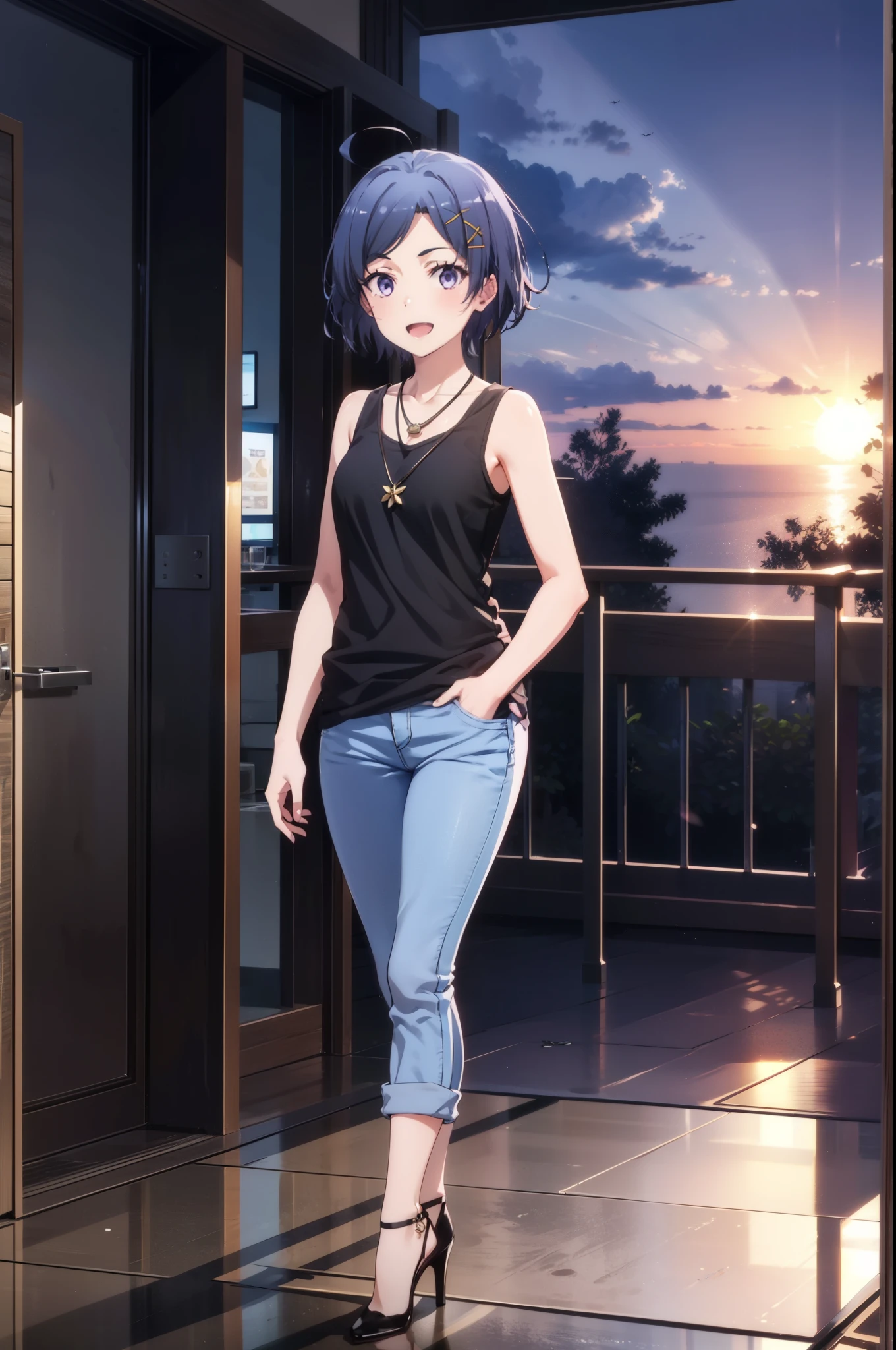 komachihikigaya, komachi hikigaya, short hair, Black Hair, hair ornaments, Ahoge, Hair Clip, x hair ornaments, (Purple eyes:1.1), tooth, happy smile, smile, Open your mouth, black tank top shirt,Locket Necklace,Skinny jeans,Stiletto heels,morning,morning陽,The sun is rising,Walking,whole bodyがイラストに入るように,
break outdoors, Building district,
break looking at viewer,whole body,
break (masterpiece:1.2), Highest quality, High resolution, unity 8k wallpaper, (figure:0.8), (Beautiful attention to detail:1.6), Highly detailed face, Perfect lighting, Highly detailed CG, (Perfect hands, Perfect Anatomy),
