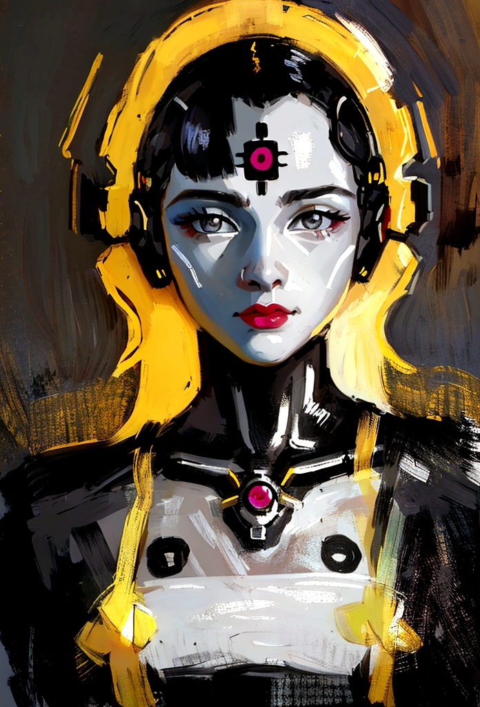 painting of a woman with a dotted head and black and white face, metallic face portrait, swanland radius, tristan eaton, detailed portrait of a cyborg, portrait of a cyborg, humanoid portrait, adrian borda, cyborg portrait, intricate transhuman, symetry!! portrait of cyborg, intricate oil painting artwork, portrait of cyborg, highly conceptual figurative art