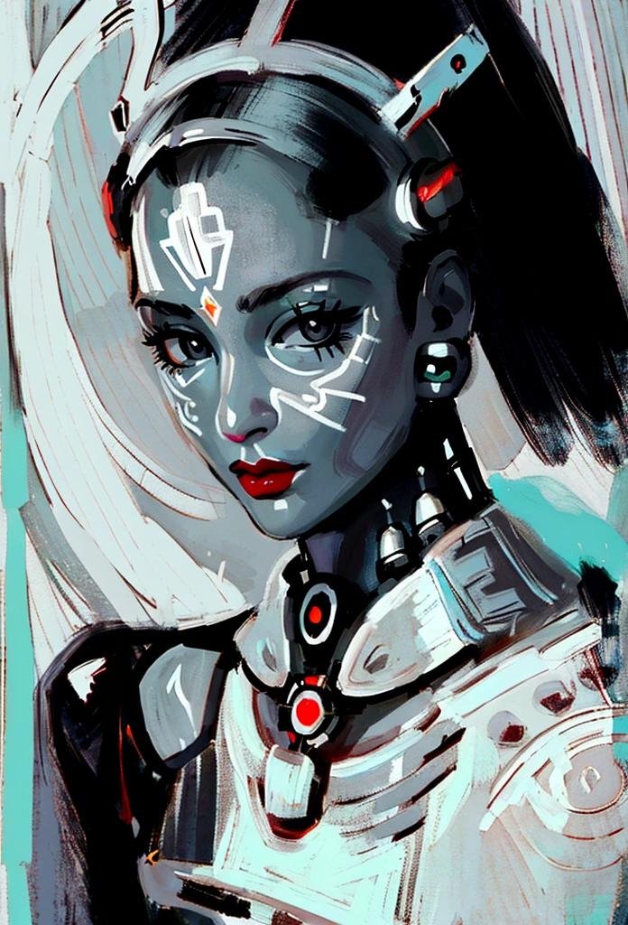 painting of a woman with a dotted head and black and white face, metallic face portrait, swanland radius, tristan eaton, detailed portrait of a cyborg, portrait of a cyborg, humanoid portrait, adrian borda, cyborg portrait, intricate transhuman, symetry!! portrait of cyborg, intricate oil painting artwork, portrait of cyborg, highly conceptual figurative art