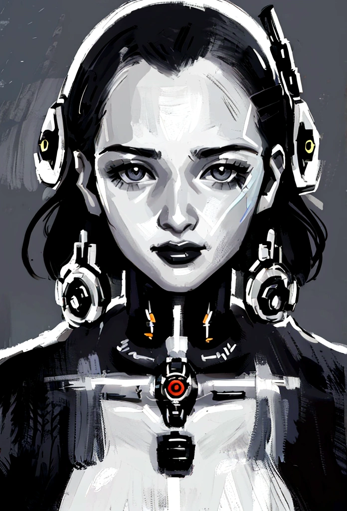 painting of a woman with a dotted head and black and white face, metallic face portrait, swanland radius, tristan eaton, detailed portrait of a cyborg, portrait of a cyborg, humanoid portrait, adrian borda, cyborg portrait, intricate transhuman, symetry!! portrait of cyborg, intricate oil painting artwork, portrait of cyborg, highly conceptual figurative art