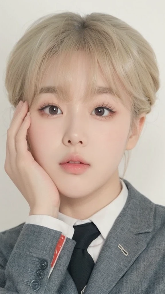 cute round eyes, cute nose, round cheeks, skin fair, double eyelid, big eyelashes