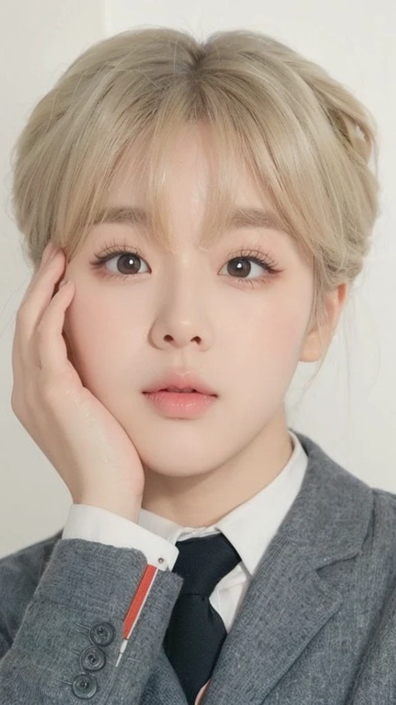 cute round eyes, cute nose, round cheeks, skin fair, double eyelid, big eyelashes