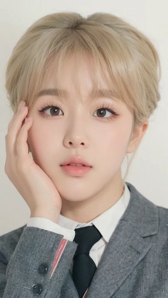 cute round eyes, cute nose, round cheeks, skin fair, double eyelid, big eyelashes