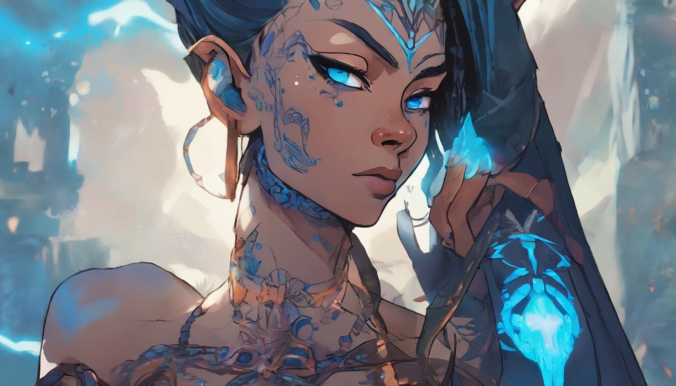 cyberpunk Battlecore barbarian woman with glowing opalescent third eye, highly detailed glowing elven runes tattooed to the irises, glowing elven, Stealth skin, runes on cheeks, runes on jawline, runes on ears, runes on forehead,blue humanoid cavatar with bioluminescent avatar markings, full body, bare feet, magical technological tribal clothing, dots and patterns on its skin. Pointy elf ears. avatar like hair, hair color: black, bright sparkling blue eyes, slightly shimmering iridescent blue skin. female, warrior like, magical and mystical, detailed and realistic. Blue skin tone only. Only blue colored skin. Skin color all blue. Wide and deep scenery, dynamic scene with a sense of movement, several planes of depth, magical light with cold tones, brilliant aura. In the background, an epic view, with exuberant nature and an ancient technological city highlighted, with neon highlighting the buildings.