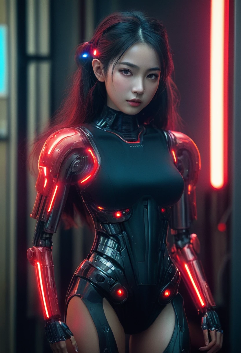 xxmixgirl. Highly detailed professional 35mm film, bokeh, face in sharp focus. A robotic female, Miku, with ((metal skin)), ((perfect Asian eyes)) with magenta irises and ((black pupils)), beautiful serious (detailed face), 18 year old ((photorealistic face)), very long magenta twin tails of magenta hair, twin black hair ties with a single red stripe. She may have a black audio headpiece. We can see her ((full body)) down to her boot soles. Her outfit is a sleeveless collared light grey shirt, outlined in red around the frilled collar and hems. Shiny reflective ((metallic breast cups, dimpleless)), invisible nipples. She wears black sleeves with red hems that start around her upper arm and bellow out as the sleeves open and extend to her wrists, with wide trumpet red rimmed cuffs. She has perfect robotic (detailed hands). She wears a red colored tie with two horizontal solid parallel black lines halfway across. She wears a fabric black skirt with a horizontal red hem at the bottom all the way around; her (((black skirt wraps around her))) and ((her skirt completely covers)) her robotic waist and thighs. Tall black boots with red bottom soles, a red rim around the top at her thighs. Her mechanical shoulder joints are visible. We can see her robotic legs and robotic neck. Half of her is covered with shiny polished machinery. The background is a distant dark neon futuristic Japanese city, gold, cyan, violet neon, near harbor or mountains.