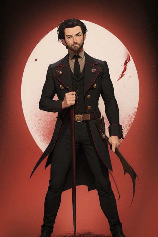 Hugh Jackman Van Helsing 1930s Vampire short black hair vintage pointed ears red eyes Stempunk hunter clothing Van Helsing vintage black decorations Steampunk holding a blood sword looking directly at viewer red background